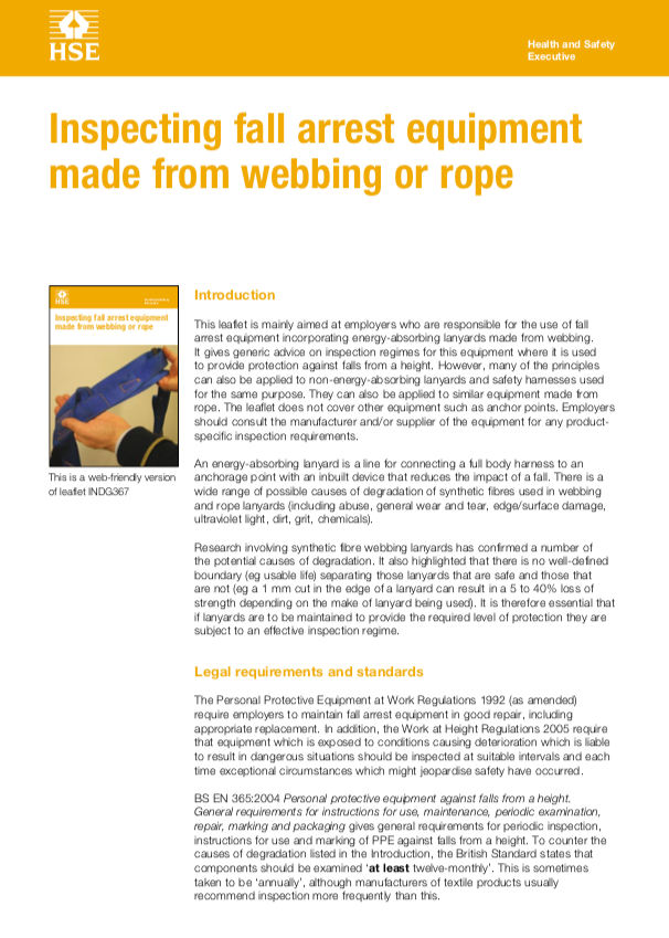 Inspecting fall arrest equipment made from webbing or rope information sheet