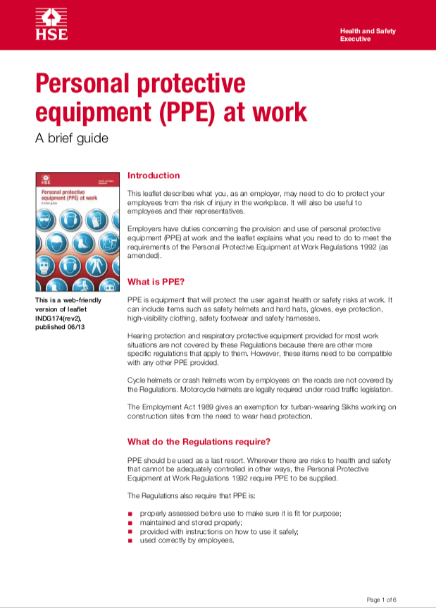 Personal protective equipment (PPE) at work - A brief guide