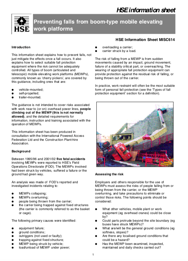 Preventing falls from boom-type mobile elevating work platforms information sheet